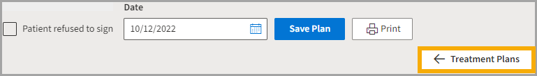 Patient Signature window with a yellow highlight box around the return to Treatment Plans button.